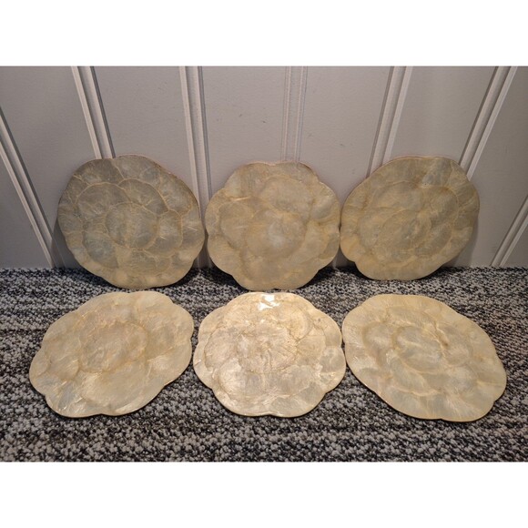 6 Capiz Shell Cork Backed Round With Scallop Edge Placemat/Trivets Phillipines